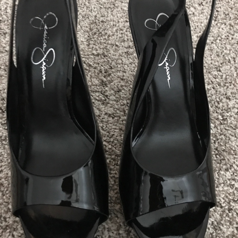 Black shiny platform heels